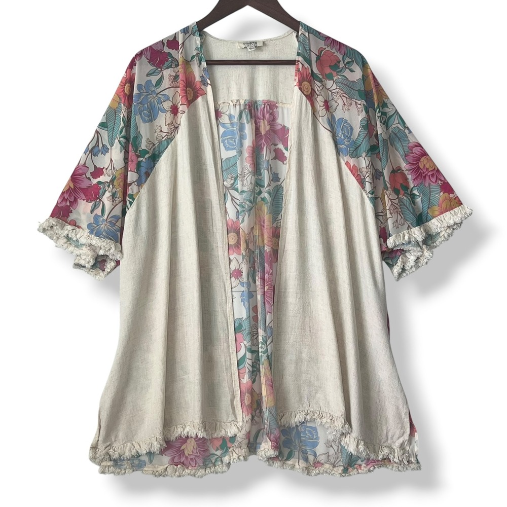 Umgee Kimono S/M Beige‎ Floral Linen Blend Fringe Open Front Boho Festival Chic